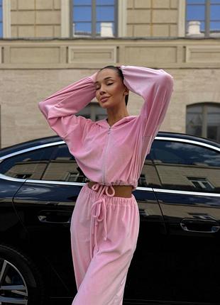 Жіночий якісний спортивний велюровий костюм на блискавці із капюшоном ніжно рожевий