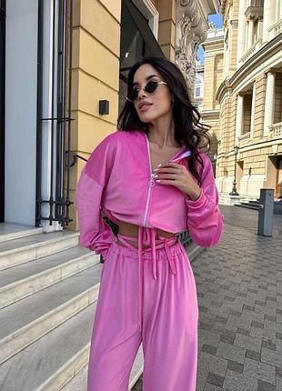 Женский качественный спортивный велюровый костюм на молнии с капюшоном ярко розовый