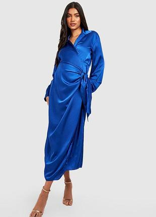 Платье сатиновое синее на запах, размер м (арт1380)