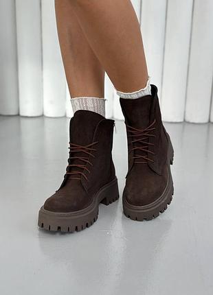 Ботинки женские замшевые шоколадного цвета деми зима байка мех 35-41