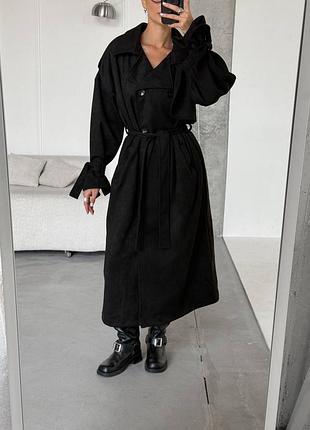Замшевый черный тренч в стиле oversize с поясом, женский двубортный тренч оверсайз из экозамша, тренч трансформер на осень, 631