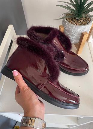Кожаные лаковые ботинки лоферы с мехом норки,35-41,цвет по вашему вкусу!
