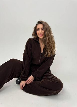 Коричневий шоколадний теплий плюшевий флісовий жіночий комбінезон