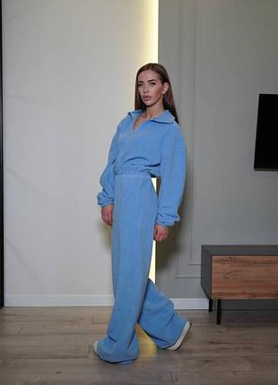 Голубой и теплый плюшевый флисовый женский комбинезон