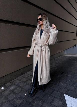 Плотный бежевый кардиган альпака с поясом и карманами, женский длинный кардиган из альпаки на осень, 247