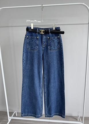 Брендові жіночі прямі сині джинси з ремінцем