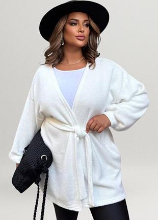 Кардиган женский батал на запах с поясом ангора травка большой размер плюс сайз стильный повседневный теплый молочный белый