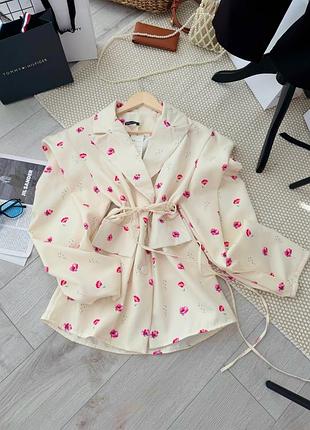 Піджак класичний 🤍 костюмка, ніжний колір вершкового масла з квіточками | розміри 42-46 | мод. 0744