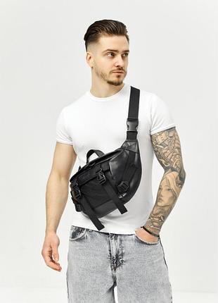 Большая кожаная мужская поясная сумка бананка sambag dynamicdart черная