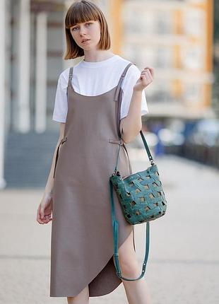 Кожаная плетеная женская сумка пазл m зеленая crazy horse