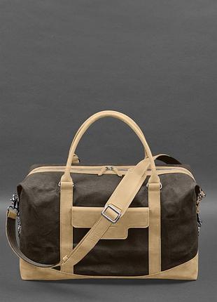 Дорожная сумка из коричневого канваса и натуральной светло-бежевой кожи crazy horse