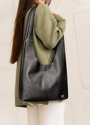 Кожаная сумка шоппер nika черный зернистый