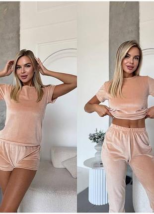 Женский велюровый домашний костюм тройка | футболка, шорты, брюки | 1458