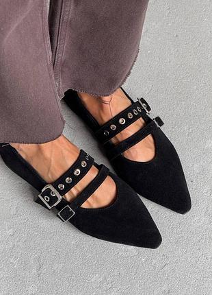 Стильные женские замшевые черные балетки осенние натуральная замша весна осень