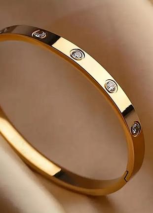 Браслет в стилі картье під золото жорсткий cartier золотий колір зі вставками циркон камінням якісний стиль тренд титанова сталь позолота 18к 18 карат