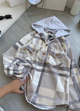 Женская теплая флисовая рубашка в клетку с капюшоном | 224