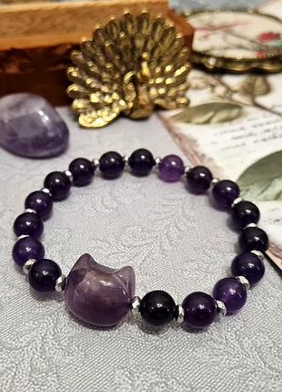 🔺💜🐱 браслет амулет "котик" натуральный камень аметист и гематит