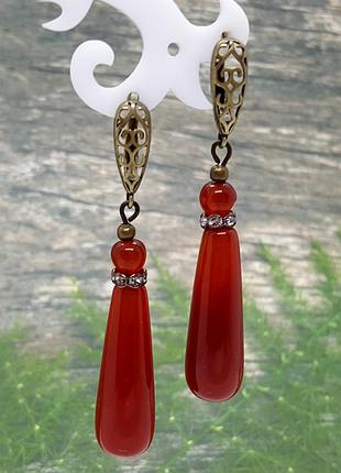 🔺✨🦋 ошатні довгі сережки з підвісками бриолетами натуральний камінь сердолік