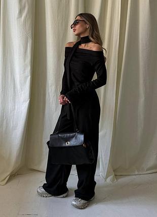 Женский костюм двойка( кофта со спущенными плечами, асимметричный крой, на шею шарфик+ брюки широкие, прямые и длинные, с карманами)