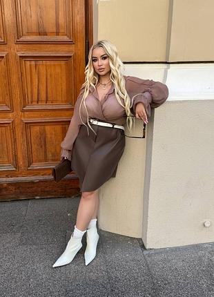 Жіноча шкіряна шоколадна спідниця батал на флісовій основі