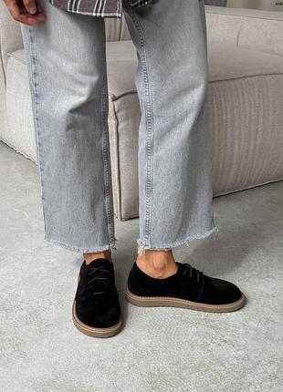 Женские туфли с анатомичным носком натуральная замша черные, замшевые лоферы на шнуровке, кеды, мокасины 10657