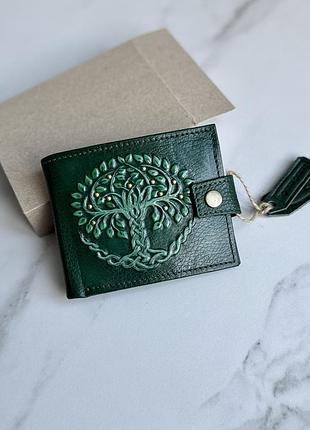 Зелений шкіряний гаманець «дерево життя»