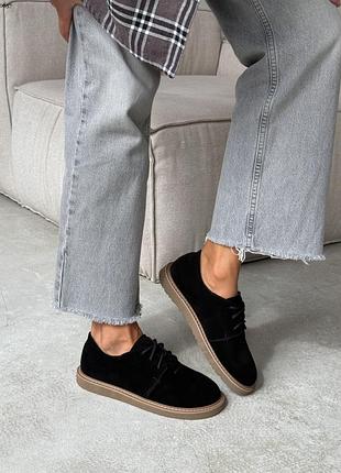 Женские туфли анатомические с анатомическим носиком замшевые черные, туфли на шнуровке из натуральной замши 10657