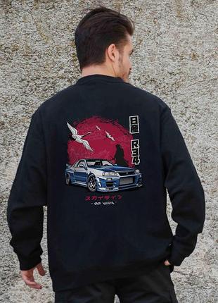 Мужской утепленный оверсайз свитшот на флисе с принтом without skyline black