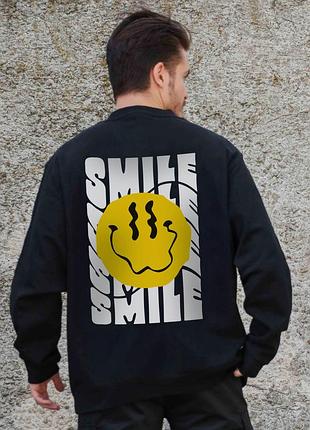 Мужской утепленный оверсайз свитшот на флисе с принтом without smile black