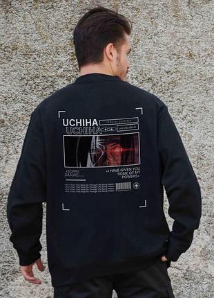 Мужской утепленный оверсайз свитшот на флисе с принтом without uchiha black