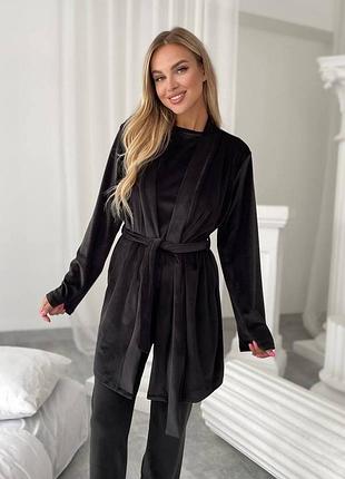 Жіноча велюрова домашня піжама піжамний комплект трійка зі штанами чорний