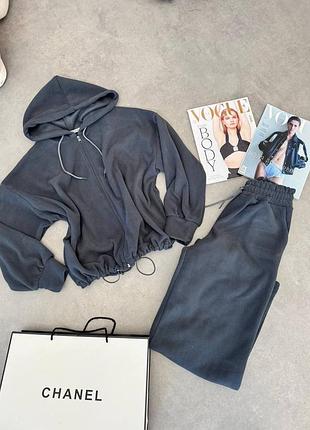 Жіночий спортивний повсякденний теплий костюм двійка штани та кофта з капюшоном на змійці тканина двосторонній фліс туреччина