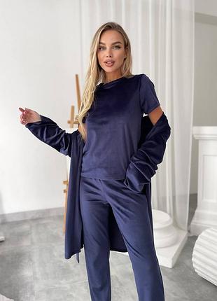 Женская велюровая домашняя пижама пижамный комплект тройка с брюками темно синий