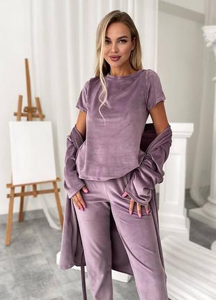 Жіноча велюрова домашня піжама піжамний комплект трійка зі штанами фрезовий