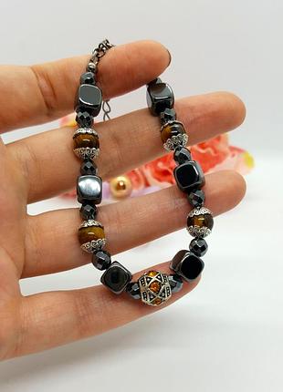 🔺🐯🖤 стильный браслет на карабине камень тигровый глаз и гематит 7