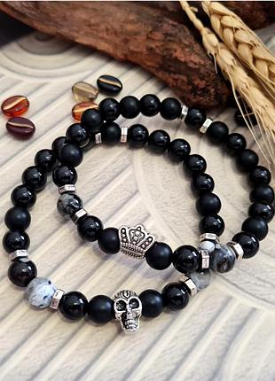 🔺☠️🖤 набор мужских браслетов 2 шт "череп в короне" натуральный камень шунгит, оникс, серый агат