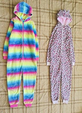 11-12 рок. 152 рост m&amp;co флисовый кигуруми радужный и с сердечками, пушистая пижама с ушками на капюшоне и хвостиком. домашний комплект. супер - то