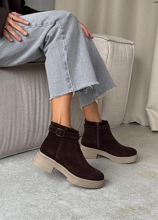 Женские демисезонные ботинки натуральная замша коричневые, замшевые женские зимние ботинки в цвете шоколад 10653