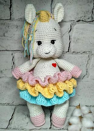 Мягкая игрушка ручной работы вязаная амигуруми hand made единорог 33 см