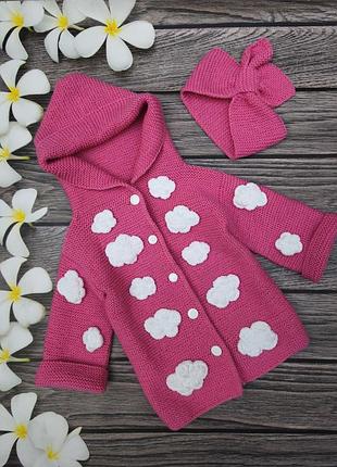 Вязаная удлиненная кофта на девочку 3-4, 4-5 лет с солохой, рост 98-104-110 см