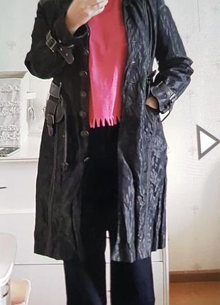 Черный плащ миди с кожей тренч графит нейлон