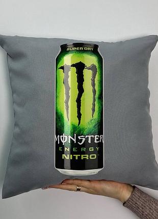 Подушка с принтом габардиновая монстер энергетик, серая 35х45 (590)