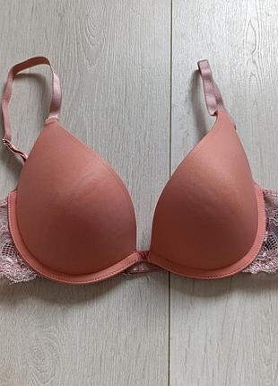 Бюстгальтер базовый персиковый гладкий бюст ажурный лиф кружевый victoria's secret sexy little things 75b 70c