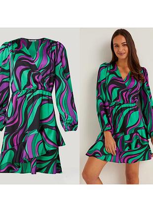 Шелковое мини платье на запах зеленое платье женское короткое платье с длинным рукавом изумрудное платье сатиновое