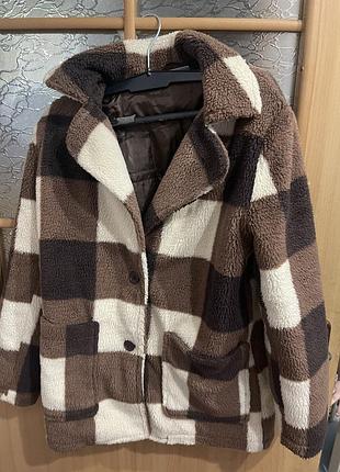 Тепле пальто з еко-хутра в клітинку 🧸