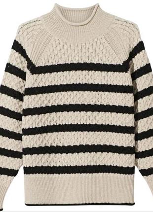 Теплый вязаный оверсайз свитер гольф в полоску