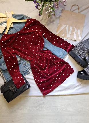 Платье женское мини в белый горох бархатное велюровое трикотажная базовая