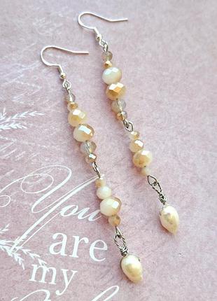 Серьги длинные жемчуг серёжки 925 серебр хрусталь ручная работа кульчики подвески бусины цепочк наряд свадеб