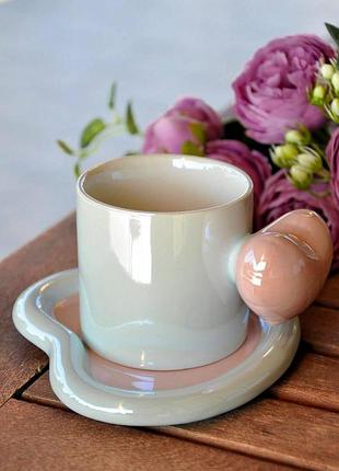 Чашка с блюдцем "сердце", 200 мл (цвет - голубой+розовый)