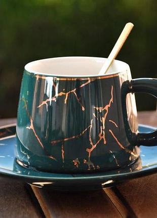 Чашка с блюдцем "мрамор", 200 мл (цвет - зеленый)